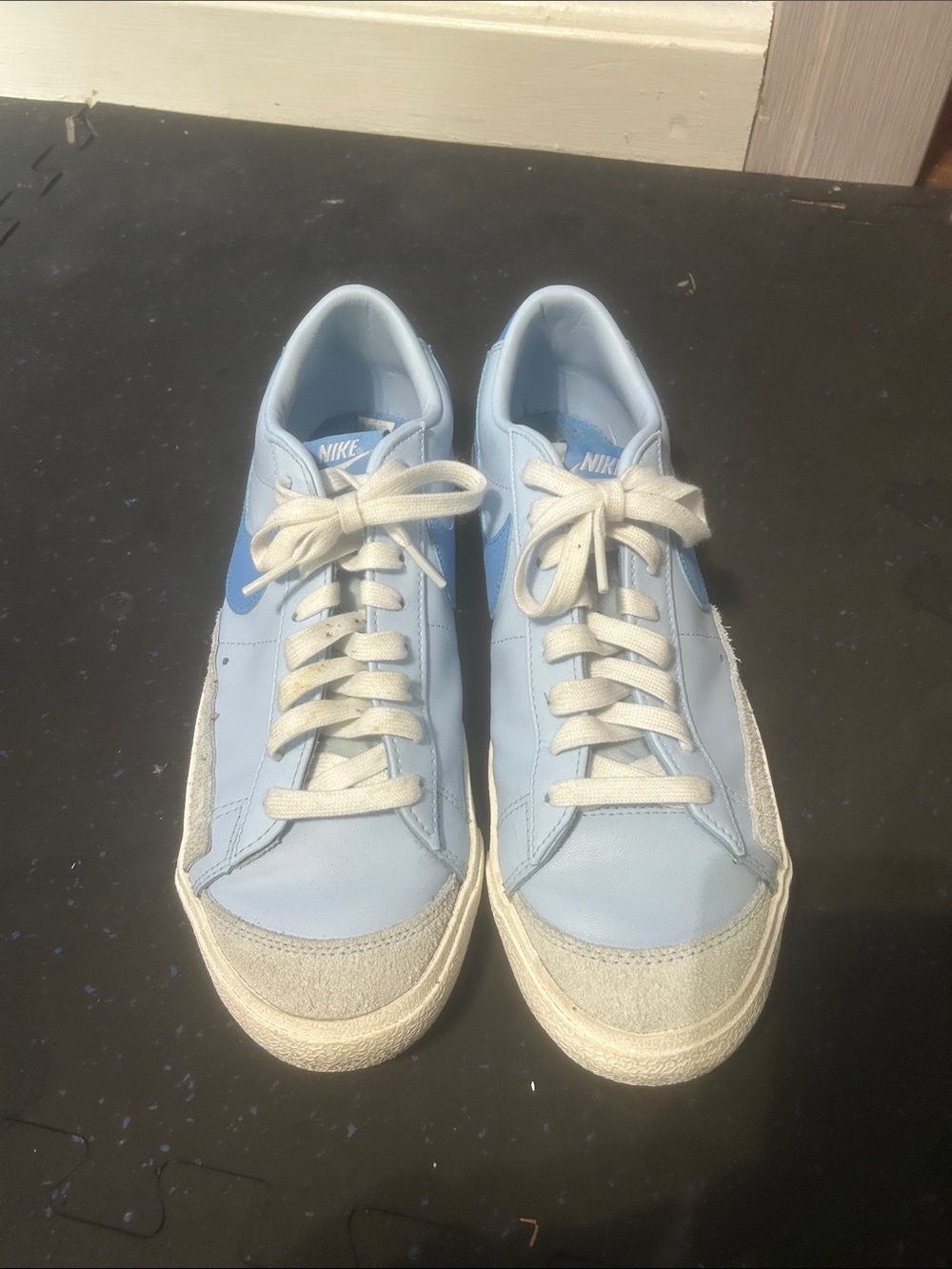 Nike Light Blue and White Low-Top Sneakers with Blue Swoosh